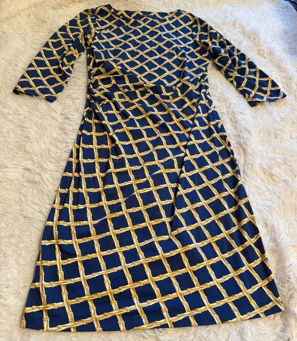 J.McLaughlin Marianne Dress Size M Blue Gold Bamboo Lattice Print Ruched